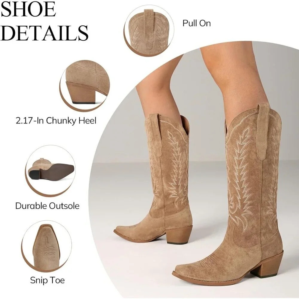 Women's Camel Western Knee High Pointed Toe Chunky Heel Cowgirl Tall Boots